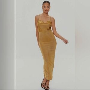 Forever 21 Criss Cross Back Cowl Neck Gold Women's Dress Size Medium Long Maxi